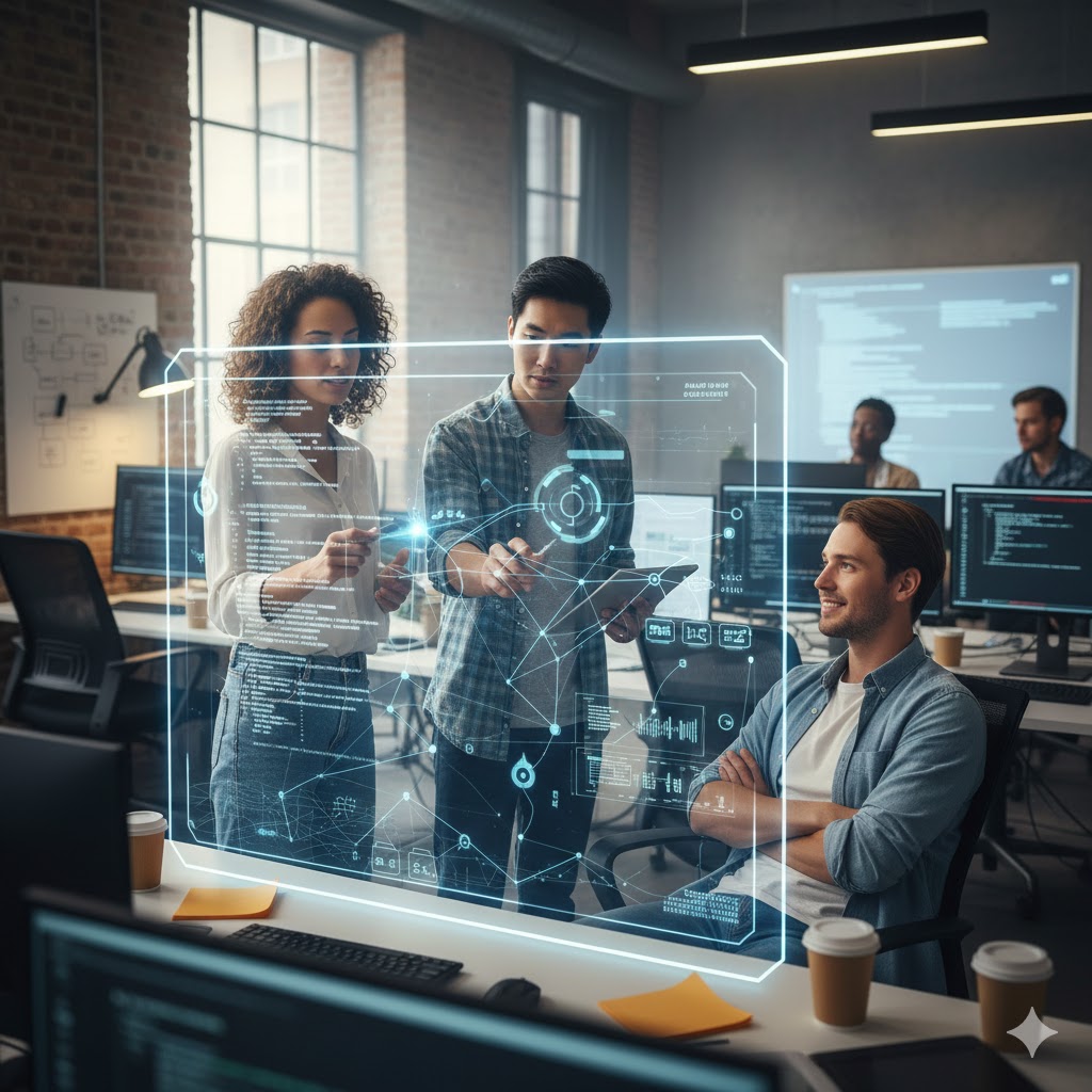 team of people in office working together