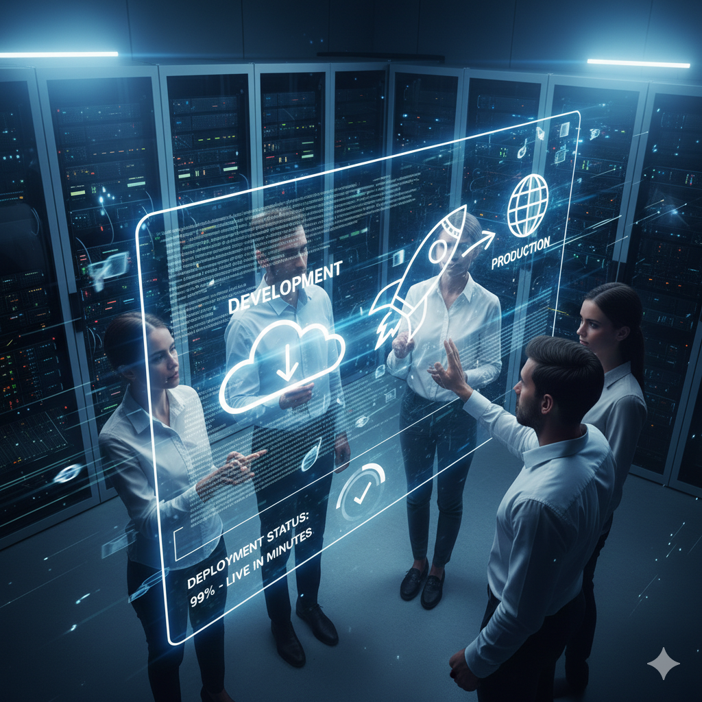 team inside datacenter room working on virtual screen